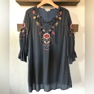Umgee|Boho floral embroidered shirt dress w flutter ruffle sleeves•••Bohemian, S